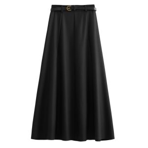 Apricot Belt-Style A-Line Suit Skirt for Women, High-Waisted Draped Long Skirt, Flattering for Petite Figures, Spring 2025 Fashion