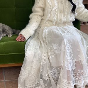 Apricot Butterfly Lace Midi Skirt for Women - Loose A-Line Vintage Style Long Skirt for Autumn and Winter Fashion