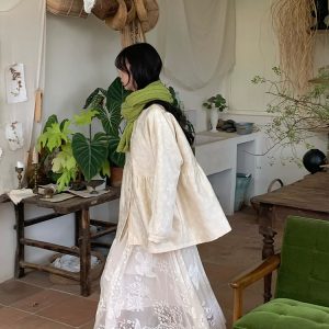 Apricot Butterfly Lace Midi Skirt for Women - Loose A-Line Vintage Style Long Skirt for Autumn and Winter Fashion