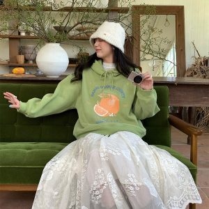 Apricot Butterfly Lace Midi Skirt for Women - Loose A-Line Vintage Style Long Skirt for Autumn and Winter Fashion