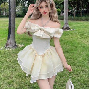 Apricot Diamond-Studded Bow Puffy Princess Dress - Fairy Birthday Dress, Date Dress, 90s Style Party Dress