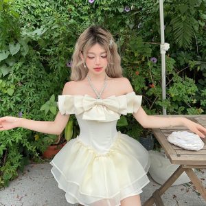 Apricot Diamond-Studded Bow Puffy Princess Dress - Fairy Birthday Dress, Date Dress, 90s Style Party Dress