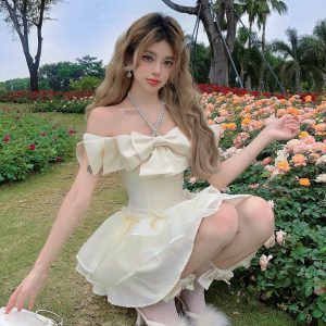 Apricot Diamond-Studded Bow Puffy Princess Dress - Fairy Birthday Dress, Date Dress, 90s Style Party Dress