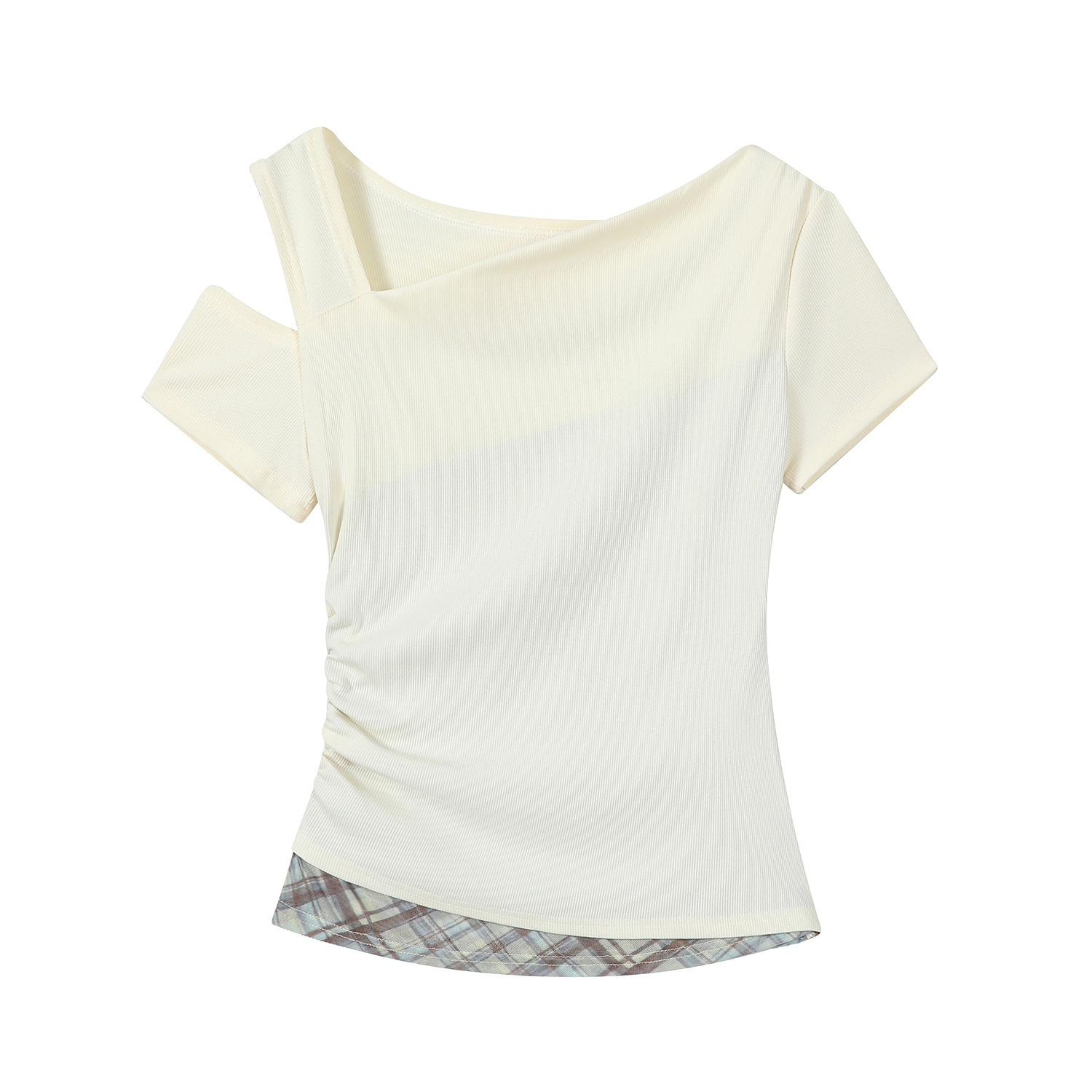 Apricot Faux Two-Piece Off-Shoulder Short Sleeve T-Shirt for Women - Summer Slim Waist Irregular Top, Y2K Style Fashion