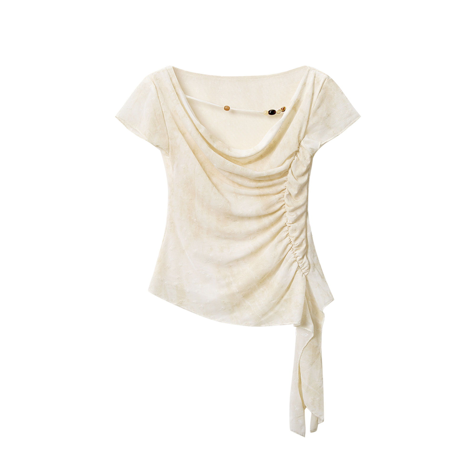 Apricot Gradient Off-Shoulder Top for Women with Flowing Ribbons, Slim Fit Short Sleeves - Summer Fashion Essential