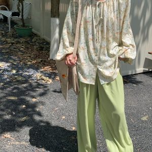 Apricot Retro Linen Shirt for Women - Spring Loose Lantern Sleeve Top in Forest Style, Vintage Herb Rosemary Design