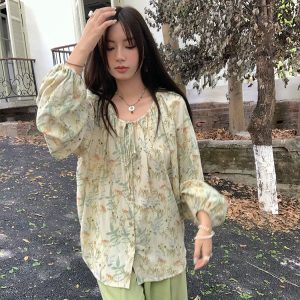 Apricot Retro Linen Shirt for Women - Spring Loose Lantern Sleeve Top in Forest Style, Vintage Herb Rosemary Design