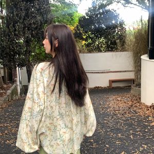 Apricot Retro Linen Shirt for Women - Spring Loose Lantern Sleeve Top in Forest Style, Vintage Herb Rosemary Design