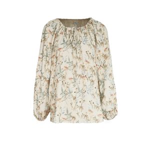 Apricot Retro Linen Shirt for Women - Spring Loose Lantern Sleeve Top in Forest Style, Vintage Herb Rosemary Design