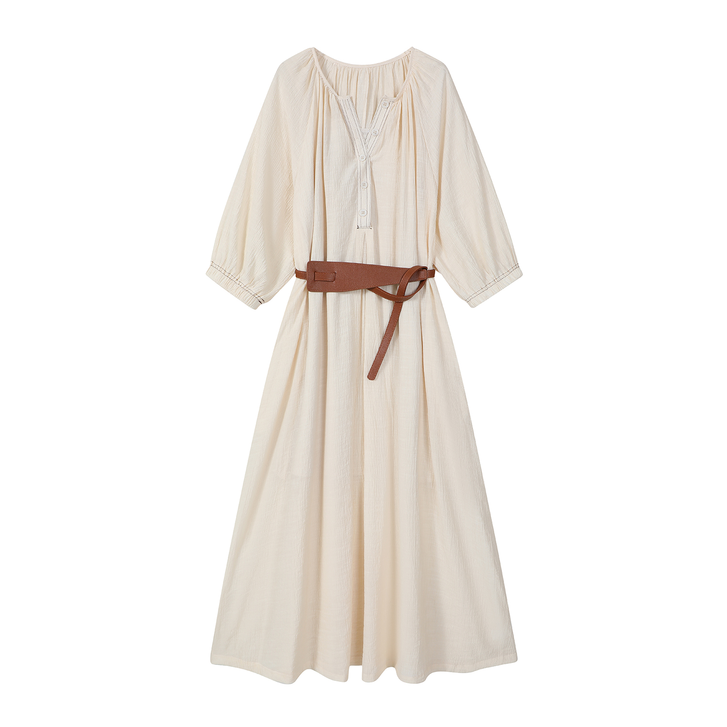 Apricot V-Neck Dress with Waist-Cinching Design, French Style Long Skirt for Beach Vacation, Slimming Effect, Summer Fashion