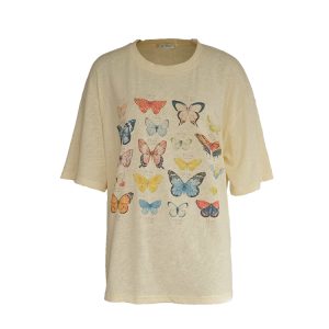Apricot Yellow Butterfly Print Short Sleeve T-Shirt for Women - Vintage Style Summer Loose Round Neck Top