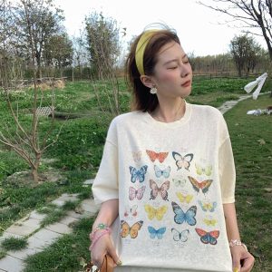 Apricot Yellow Butterfly Print Short Sleeve T-Shirt for Women - Vintage Style Summer Loose Round Neck Top