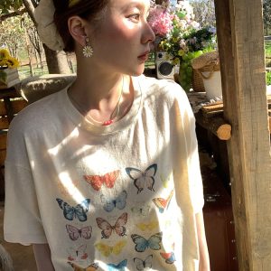 Apricot Yellow Butterfly Print Short Sleeve T-Shirt for Women - Vintage Style Summer Loose Round Neck Top