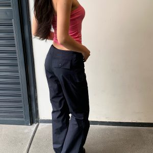 Aqua Dark Blue Micro Flare Low Waist Paper Bag Pants - Functional Evolution Version for Trendy Y2K Style