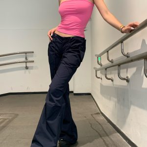 Aqua Dark Blue Micro Flare Low Waist Paper Bag Pants - Functional Evolution Version for Trendy Y2K Style