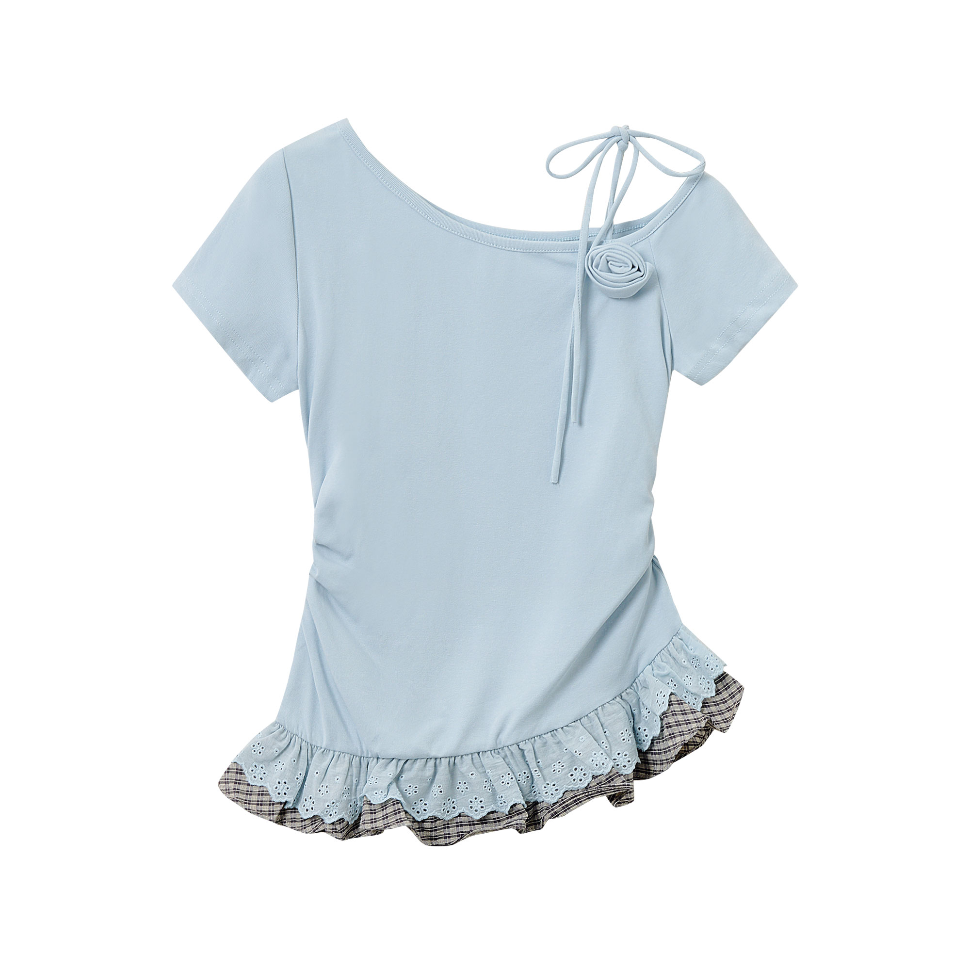 Artistic Blue One-Shoulder Top for Women - 2025 Summer Korean Style Slim Fit Short Sleeve Shirt for Spicy Girls