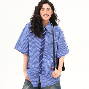 Artistic Blue Plaid Short Sleeve Shirt for Men and Women, Loose Versatile College Style, Retro 90s A-Z Summer Fashion Top