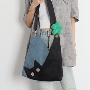 Artistic Color-Blocking Cat Plaid Denim Large-Capacity Shoulder Crossbody Bag - Cute Niche Style for Everyday Use