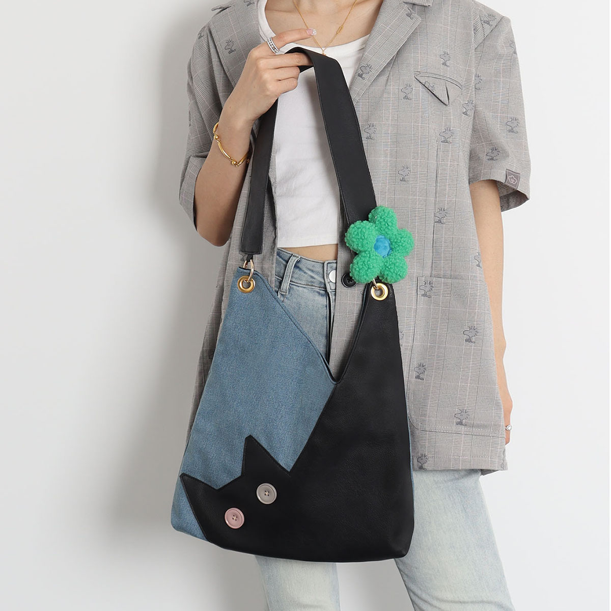 Artistic Color-Blocking Cat Plaid Denim Large-Capacity Shoulder Crossbody Bag - Cute Niche Style for Everyday Use