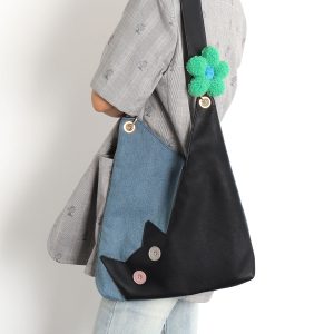 Artistic Color-Blocking Cat Plaid Denim Large-Capacity Shoulder Crossbody Bag - Cute Niche Style for Everyday Use