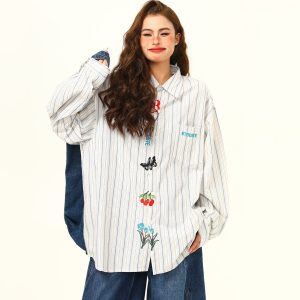 Artistic Embroidered Striped Long Sleeve Shirt for Women - Retro Loose Fit Blouse, Versatile Autumn Fashion