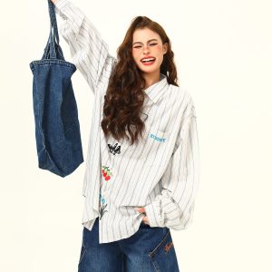 Artistic Embroidered Striped Long Sleeve Shirt for Women - Retro Loose Fit Blouse, Versatile Autumn Fashion