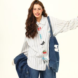 Artistic Embroidered Striped Long Sleeve Shirt for Women - Retro Loose Fit Blouse, Versatile Autumn Fashion