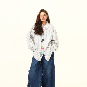 Artistic Embroidered Striped Long Sleeve Shirt for Women - Retro Loose Fit Blouse, Versatile Autumn Fashion