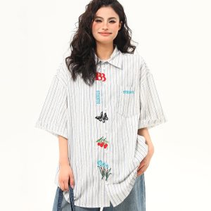 Artistic Embroidered Striped Short Sleeve Shirt for Women - Retro American Style Summer Blouse
