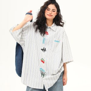 Artistic Embroidered Striped Short Sleeve Shirt for Women - Retro American Style Summer Blouse