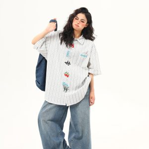 Artistic Embroidered Striped Short Sleeve Shirt for Women - Retro American Style Summer Blouse