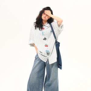 Artistic Embroidered Striped Short Sleeve Shirt for Women - Retro American Style Summer Blouse