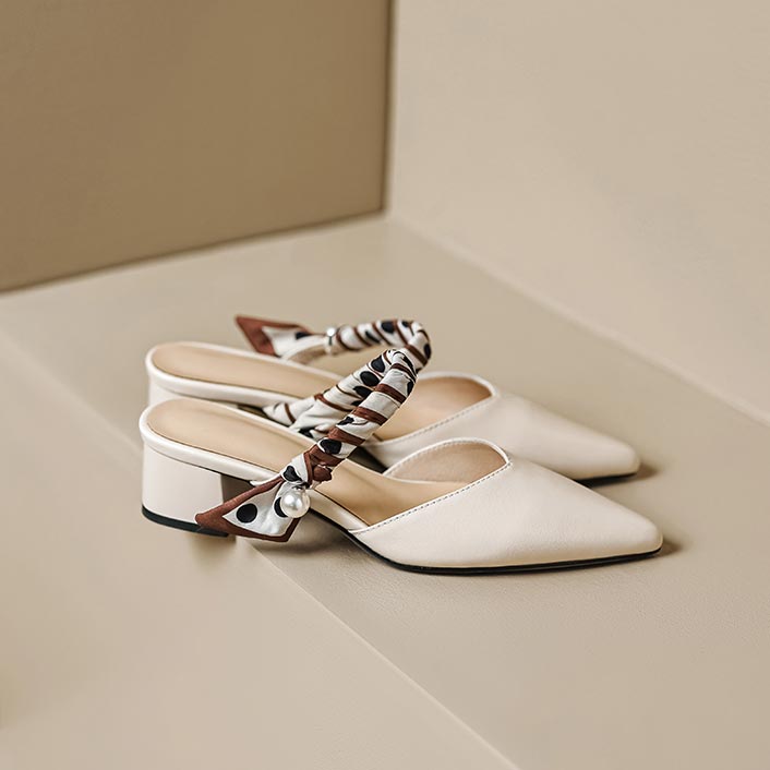 Artistic Genuine Leather Mid-Heel Slippers for Women - Slim Pointed Toe Half Mules, French Style Chic Footwear