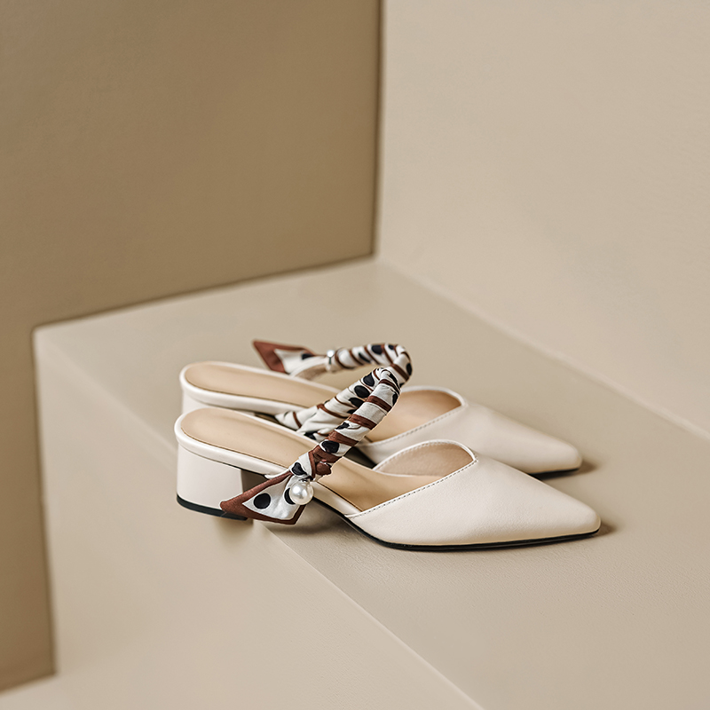 Artistic Genuine Leather Mid-Heel Slippers for Women - Slim Pointed Toe Half Mules, French Style Chic Footwear