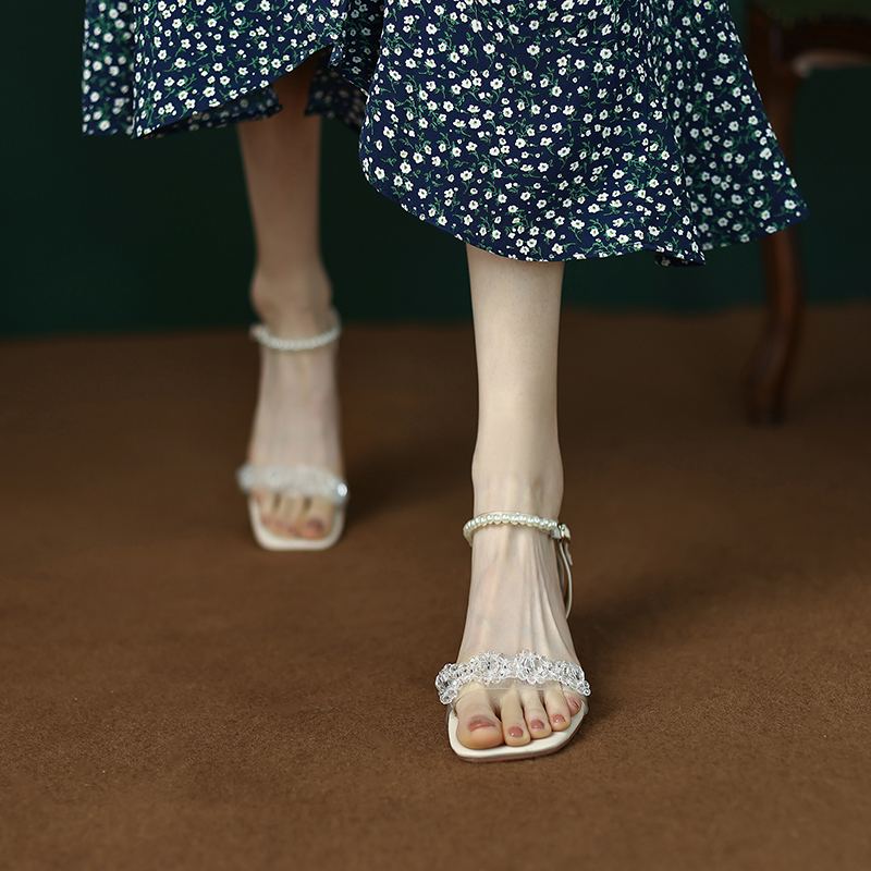 Artistic Slim Pearl Crystal Mid-Heel Square-Toe One-Strap Sandals for Women - Fairy Style Summer Footwear