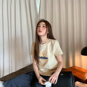 Artistic Towel Embroidery Printed Short Sleeve T-Shirt for Women - Summer Slim Fit Shoulder Top, Casual Chic Style