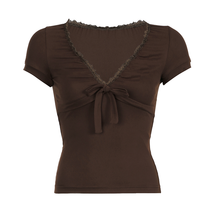 Artistic Vintage Brown Lace Trim Bow Women's Summer Retro V-Neck Slim T-Shirt - 90s Inspired Fashion