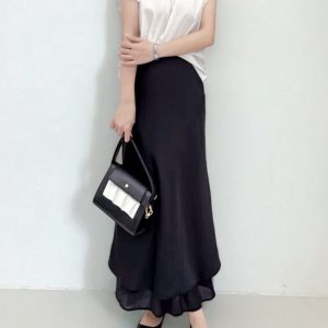 Asymmetrical Fishtail A-Line Mid-Length Skirt with Elastic Waist, Slimming Patchwork Chiffon Ruffles for Spring-Summer Fashion