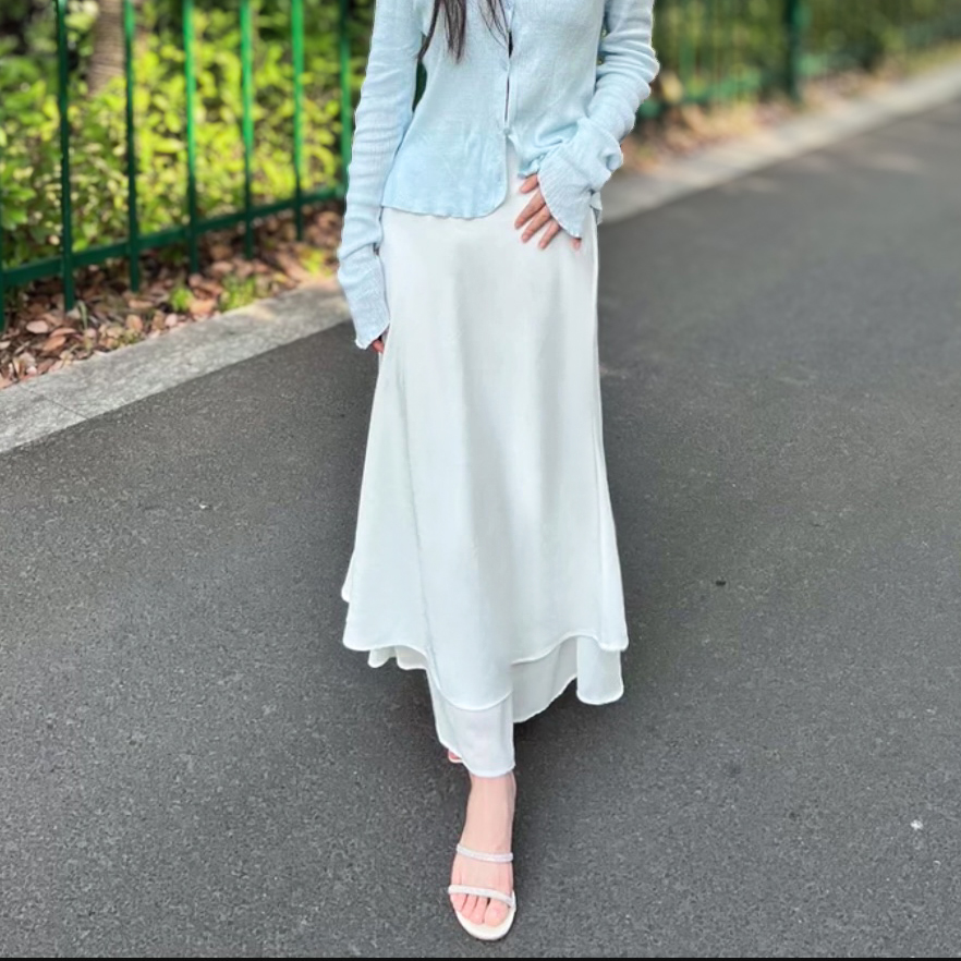 Asymmetrical Fishtail A-Line Mid-Length Skirt with Elastic Waist, Slimming Patchwork Chiffon Ruffles for Spring-Summer Fashion