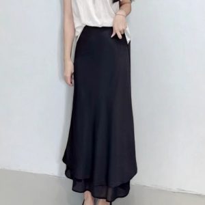 Asymmetrical Fishtail A-Line Mid-Length Skirt with Elastic Waist, Slimming Patchwork Chiffon Ruffles for Spring-Summer Fashion