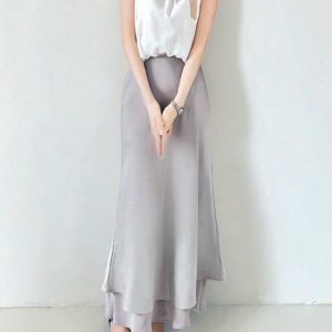 Asymmetrical Fishtail A-Line Mid-Length Skirt with Elastic Waist, Slimming Patchwork Chiffon Ruffles for Spring-Summer Fashion