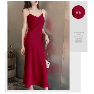 Asymmetrical Fishtail Spaghetti Strap Dress, Wrinkle-Resistant Chiffon, V-Neck, Mid-Length A-Line Dress for Spring and Summer