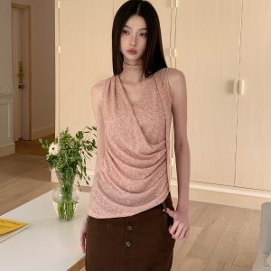 Asymmetrical Hem Pleated Halter Top - Flowy Summer Design with Side Waist Detail