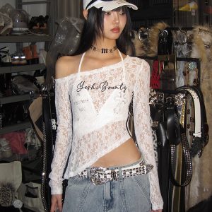 Asymmetrical Lace Cover-Up Top with Striped Embroidery - Slim Fit Long Sleeve Irregular Design for Trendy Hot Girls