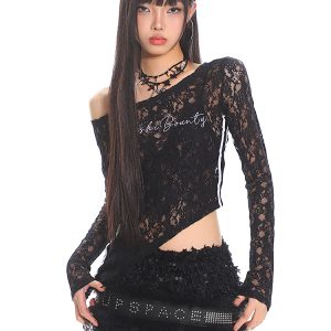 Asymmetrical Lace Cover-Up Top with Striped Embroidery - Slim Fit Long Sleeve Irregular Design for Trendy Hot Girls