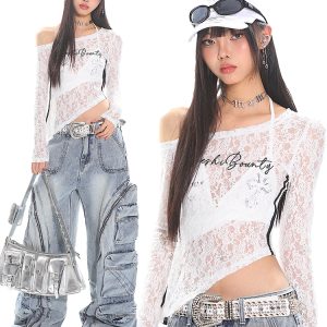 Asymmetrical Lace Cover-Up Top with Striped Embroidery - Slim Fit Long Sleeve Irregular Design for Trendy Hot Girls