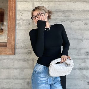 Asymmetrical Long Sleeve T-Shirt for Women - Minimalist Korean Style Slim Fit Top - Fashionable Spring 2025 Design