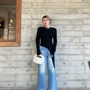 Asymmetrical Long Sleeve T-Shirt for Women - Minimalist Korean Style Slim Fit Top - Fashionable Spring 2025 Design