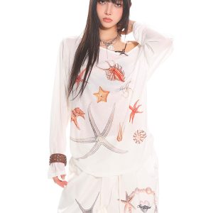 Asymmetrical Neck Starfish Print Long Sleeve Slim Fit Off-Shoulder T-Shirt - Sheer Summer Sun Protection Top for Women