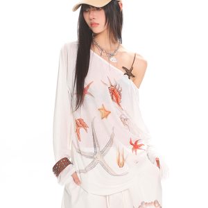 Asymmetrical Neck Starfish Print Long Sleeve Slim Fit Off-Shoulder T-Shirt - Sheer Summer Sun Protection Top for Women